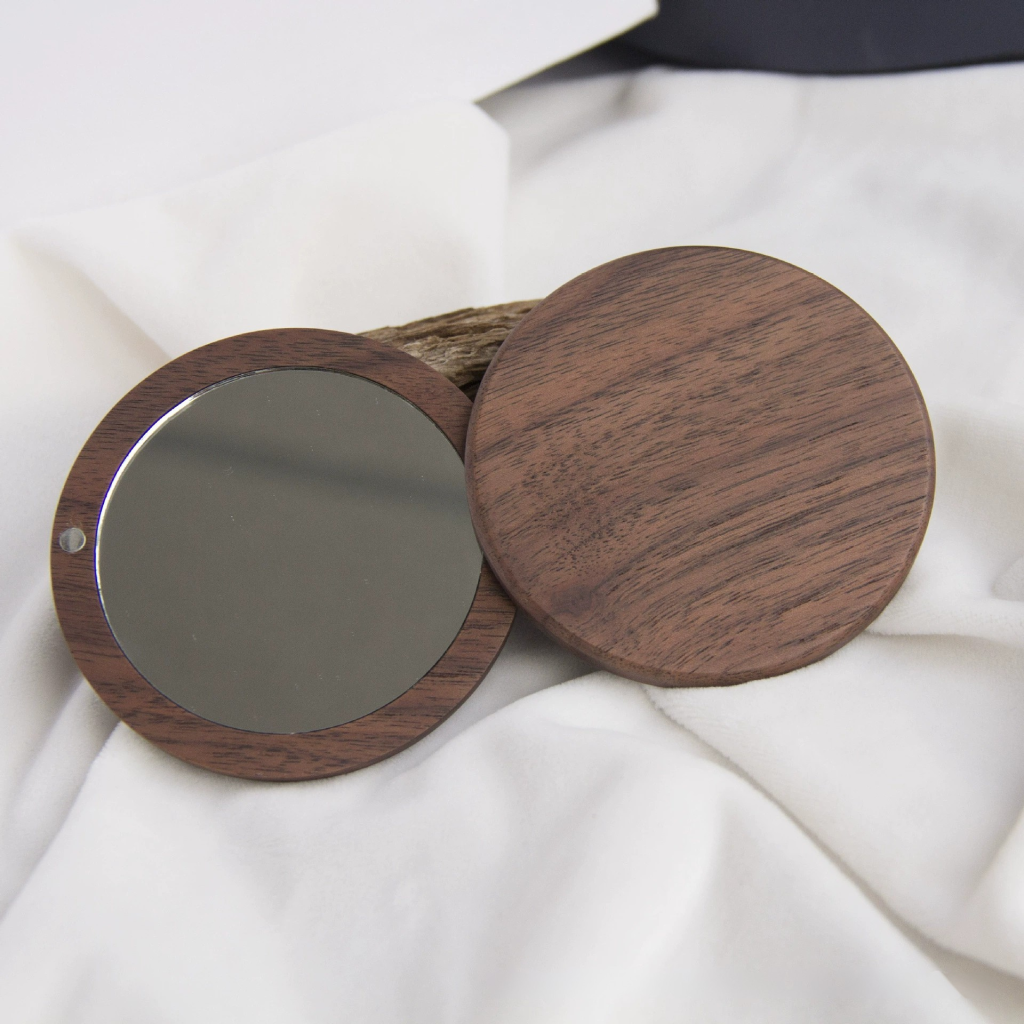 Handcrafted Solid Walnut Wood Pocket Mirror - Rotating Magnetic Compact Mirror