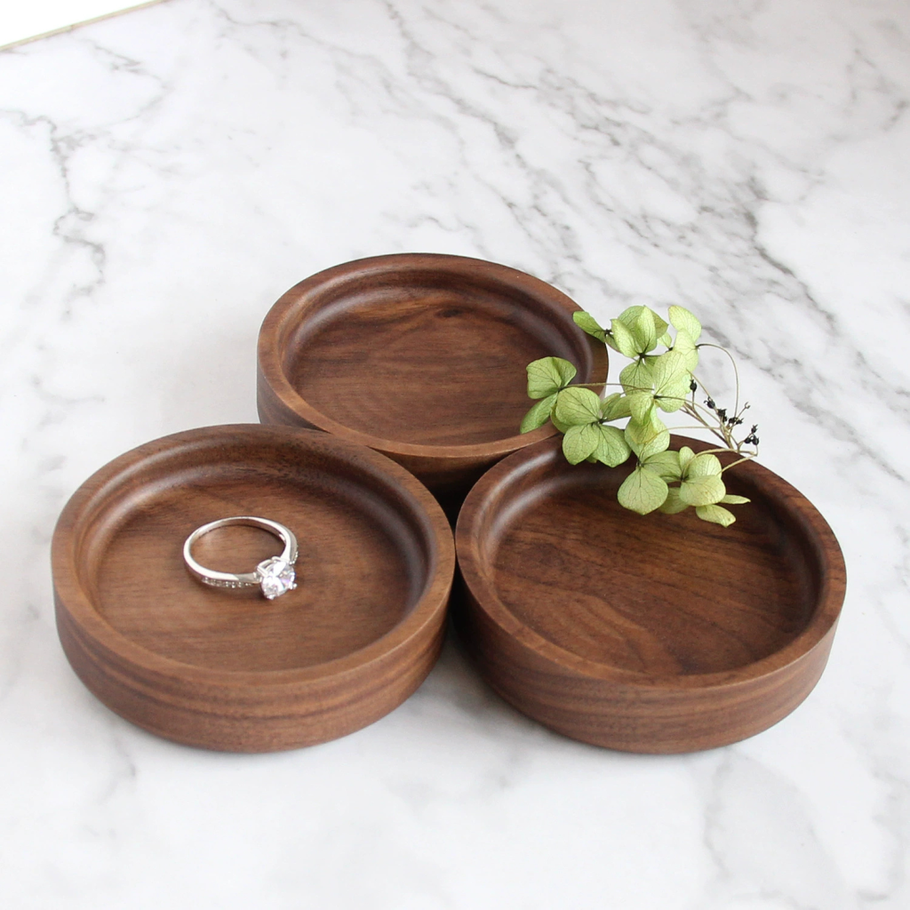 Handcrafted Solid Walnut Wood Jewelry & Ring Dish - Round, Square & Heart Shapes