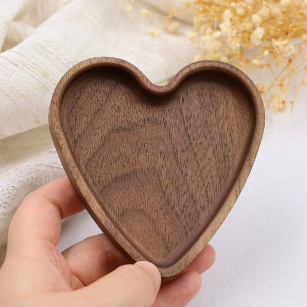 tX93Lp6N Handcrafted Single-Block Solid Walnut Jewelry Dish - Round, Square & Heart Shapes